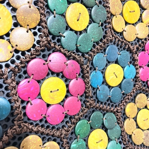 Handcrafted vintage bag coconut shell brown knit colorful bead floral boho Fall - Picture 5 of 11